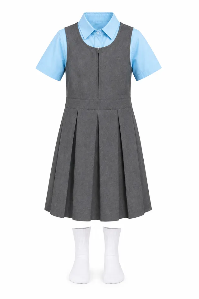 Studio render of the daily uniform: pinafore worn over a shirt, with socks.