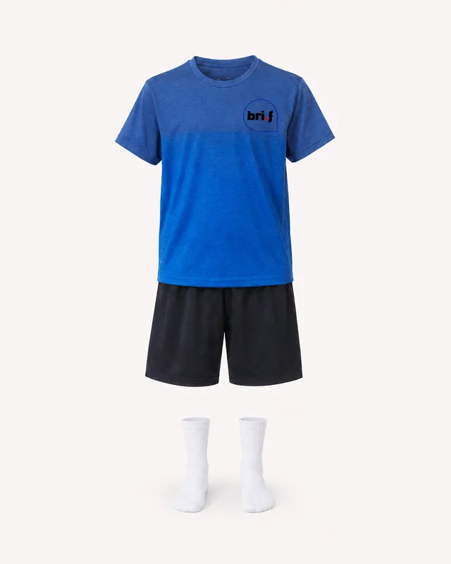Studio render of the sports kit: t-shirt, shorts and socks.